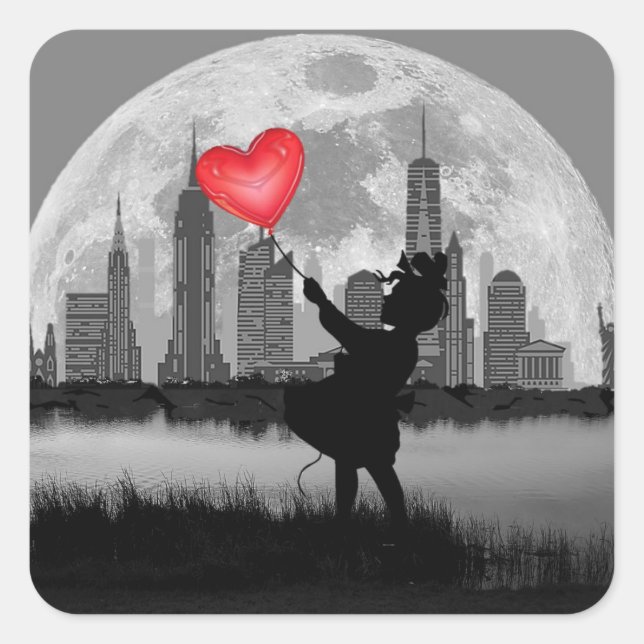 NEW YORK Full Moon Girl with Heart Balloon Sticker (Front)