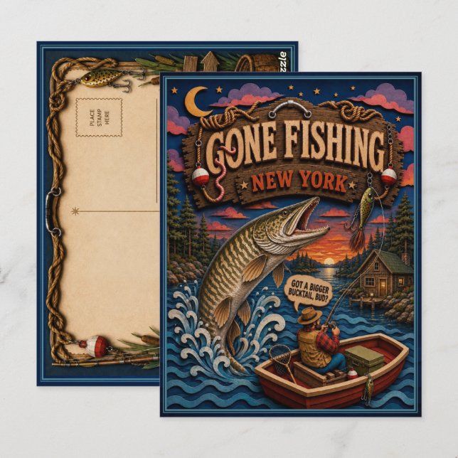 New York Gone Fishing Muskellunge Postcard (Front/Back)