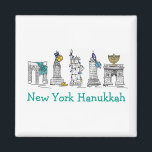 New York Hanukkah NYC Chanukah Jewish Holidays Magnet<br><div class="desc">Features an original marker illustration of classic New York City landmarks, including Washington Square Arch, Brooklyn Bridge, and Statue of Liberty, "dressed up" for the holidays. Perfect for anyone who lives in or loves the "hustle and bustle" of NYC during the Hanukkah season. This holiday illustration is also available on...</div>