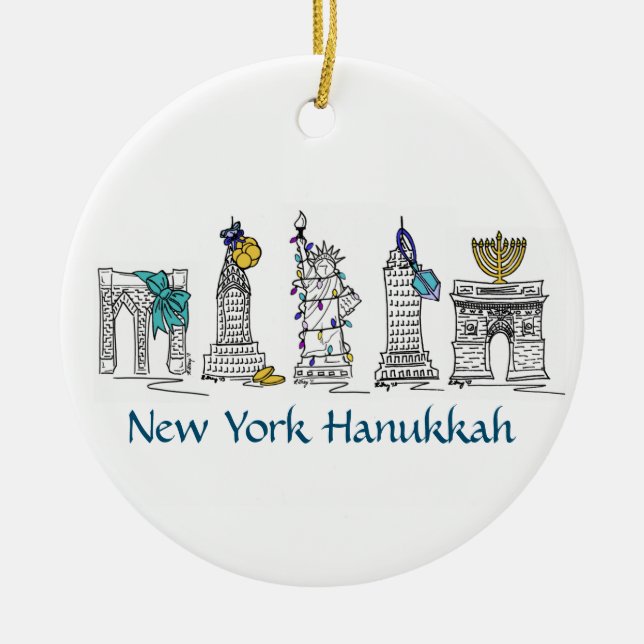 New York Hanukkah NYC Landmarks Jewish Holiday Ceramic Tree Decoration (Front)