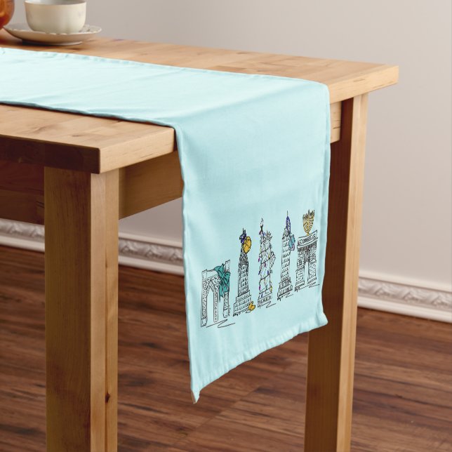 New York Hanukkah NYC Landmarks Jewish Holiday Short Table Runner (In Situ)