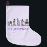 New York Hanukkah Purple Chanukah Holiday Landmark Large Christmas Stocking<br><div class="desc">Features an original pen-and-ink illustration of various New York City landmarks "dressed up" for the holiday season. Perfect for Hanukkah!

This design is also available on other products. Don't see what you're looking for? Need help with customisation? Contact Rebecca to have something designed just for you.</div>
