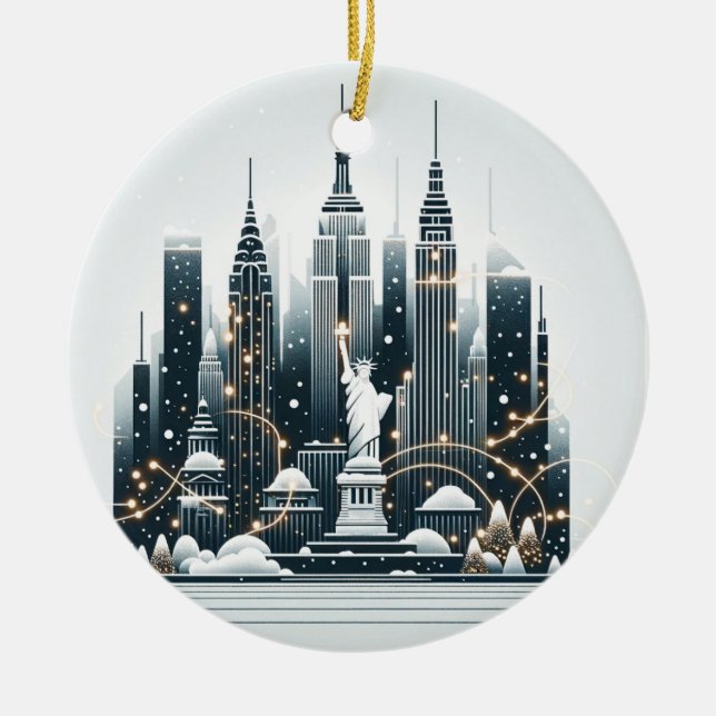 New York Holiday Elegance - Customizable Christmas Ceramic Tree Decoration (Front)