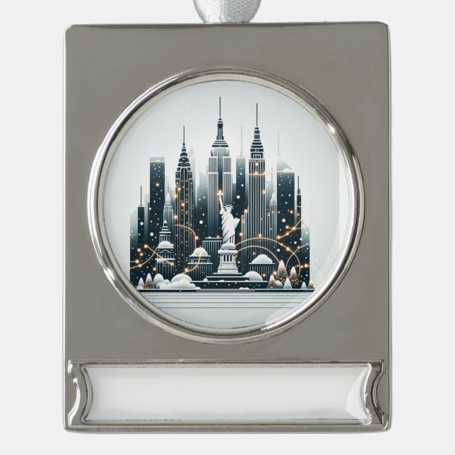 New York Holiday Elegance - Customizable Christmas Silver Plated Banner Ornament (Front)
