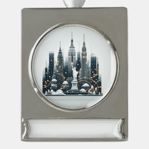 New York Holiday Elegance - Customizable Christmas Silver Plated Banner Ornament