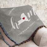 New York Home State Personalised Throw Blanket<br><div class="desc">Show some home state pride with this cute rustic grey throw blanket featuring "home" in white calligraphy script lettering with a silhouette map of the state of New York standing in for the letter "O." A red heart illustration inside the state map completes the design; you can change the position...</div>