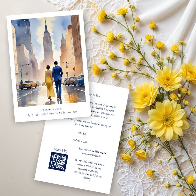 New York Iconic Building Cute Cityscape Wedding Save The Date (New York Iconic Building Colorful Cityscape Wedding Couple Illustration Save the Dates Cards. )
