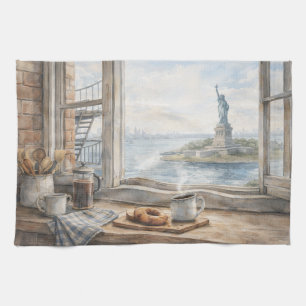 New York Kitchen Watercolor with Statue of Liberty Tea Towel