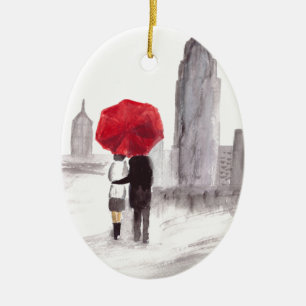 New York love couple with red umbrella Ceramic Tree Decoration