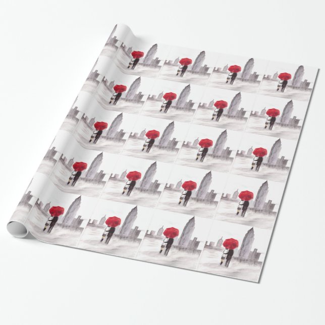 New York love couple with red umbrella Wrapping Paper (Unrolled)