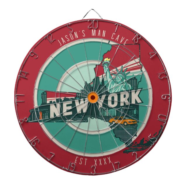 New York Man Cave Custom Name Est Date Dartboard (Front)