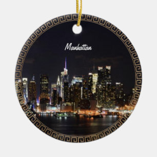 New York, Manhattan Skyline at Night Ceramic Tree Decoration