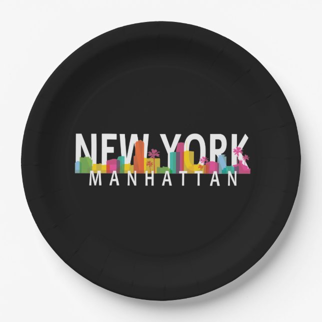 New York Manhattan skyline with palms Paper Plate (Front)