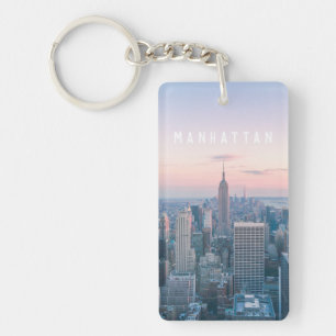 New York Manhattan Text Pink Blue Skyline Sunset Key Ring