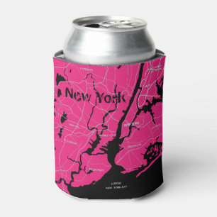 New York Map, Black and Pink Can Cooler