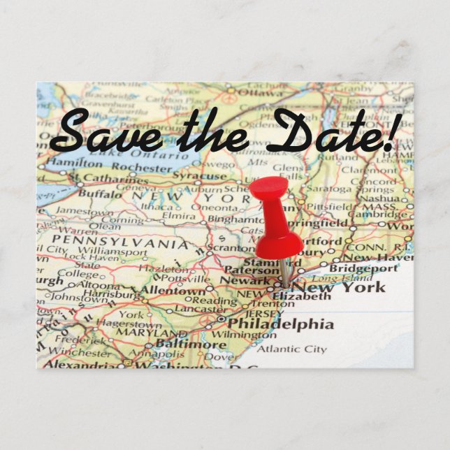 New York Map Pin Save the Date Announcement Postcard (Front)