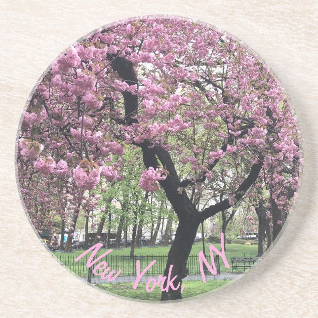 New York, NY Pink Cherry Blossom Tree Manhattan Coaster (Front)