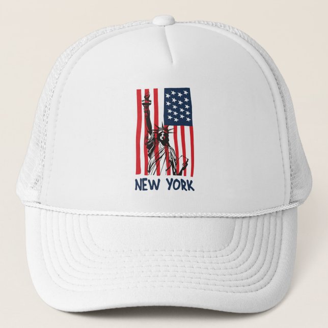 New York NY Statue of Liberty USA America Flag Trucker Hat (Front)