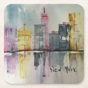 New York NYC Skyline Cityscape original artwork   Square Paper Coaster