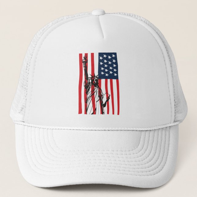 New York NYC Statue of Liberty USA America Flag Trucker Hat (Front)