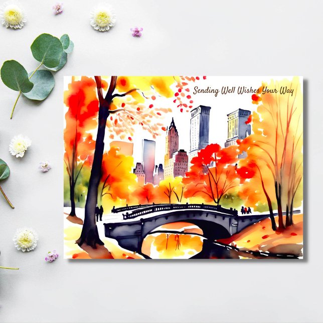 New York park fall watercolor well wishes Postcard (New York central park in autumn watercolor well wishes postcard bridge over river yellow trees)