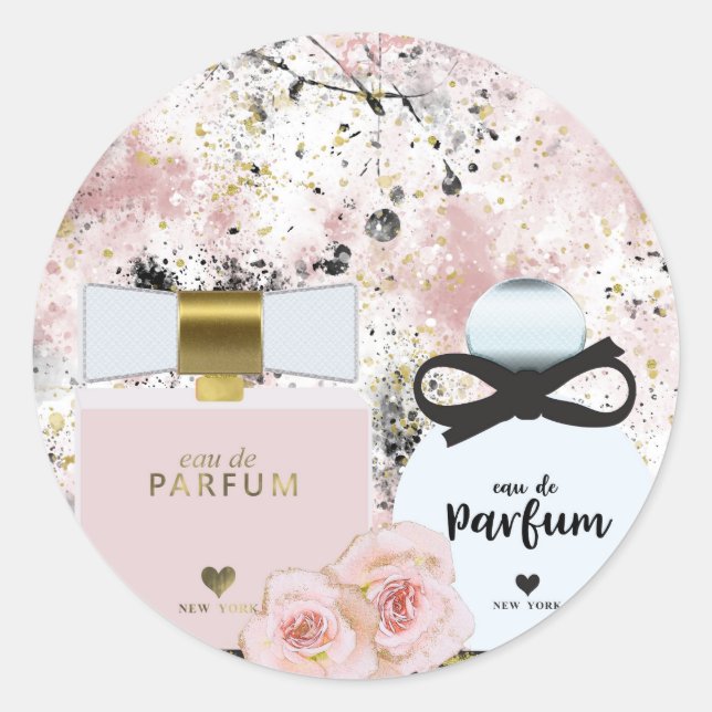 New York Perfume Bottles Gold & Blush Pink Roses Classic Round Sticker (Front)