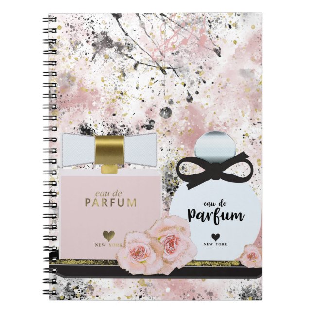 New York Perfume Bottles Gold & Blush Pink Roses Notebook (Front)