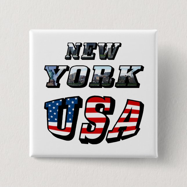 New York Picture and USA Flag Text 15 Cm Square Badge (Front)