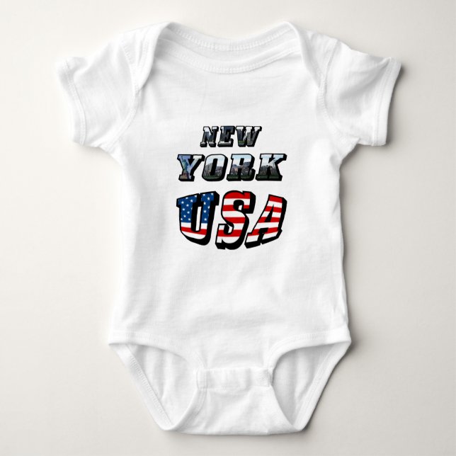 New York Picture and USA Flag Text Baby Bodysuit (Front)