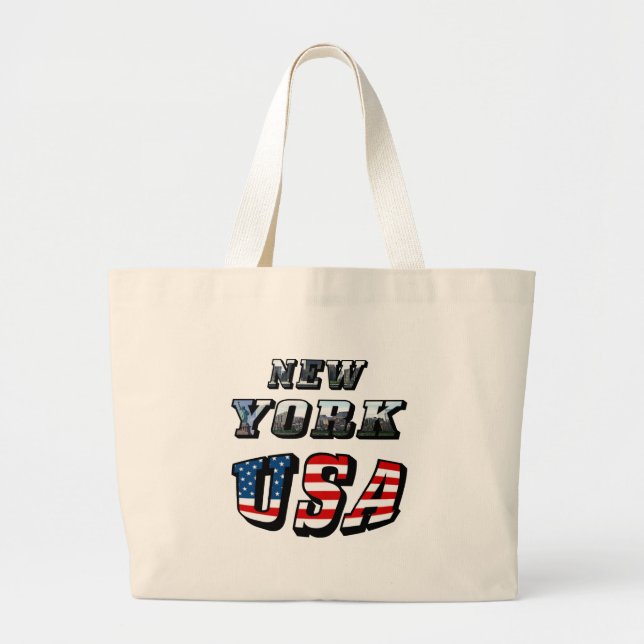 New York Picture and USA Flag Text Large Tote Bag (Front)
