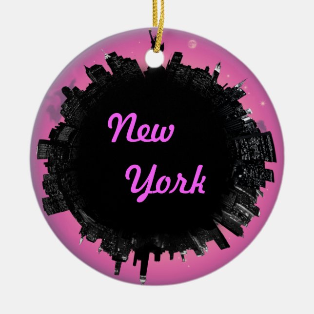 New York pink skyline Ceramic Tree Decoration (Front)