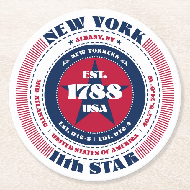 New York Red White Blue Typography Round Paper Coaster (Front)