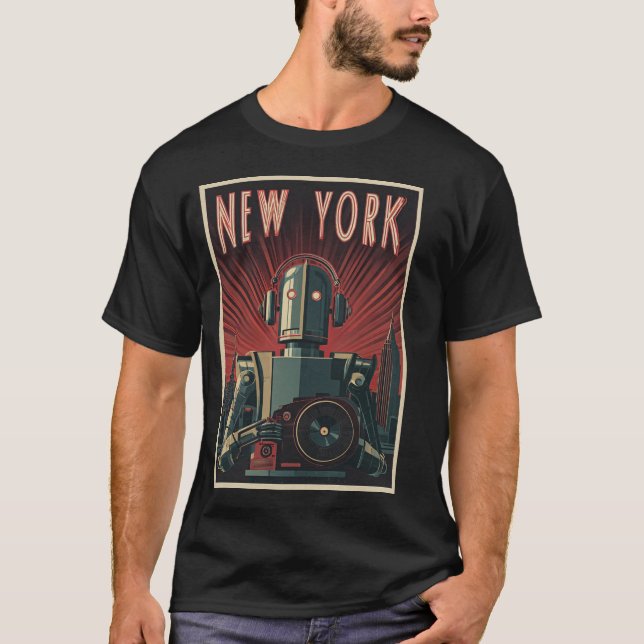 New York Robot Tourist – Art Deco Travel Poster T-Shirt (Front)