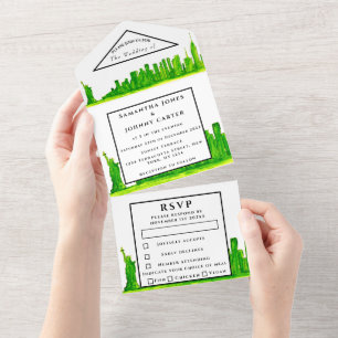 New York RSVP Watercolor Green Modern Wedding All In One Invitation