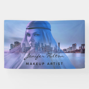 New York Sky line and beautiful girl holographic Banner