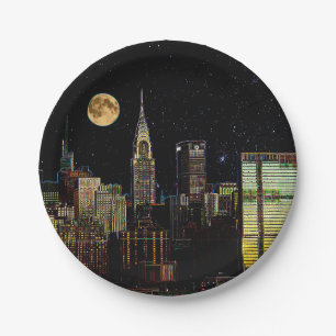 New York Skyline At Night With Full Moon Paper Plate