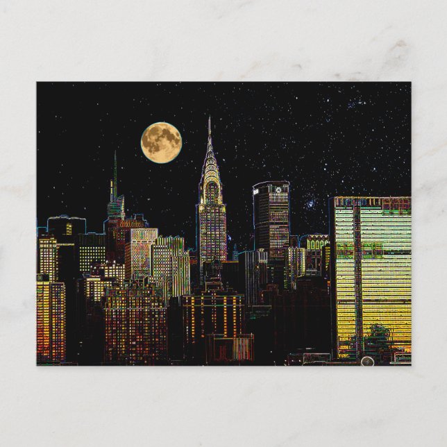 New York Skyline At Night With Full Moon Postcard (Front)