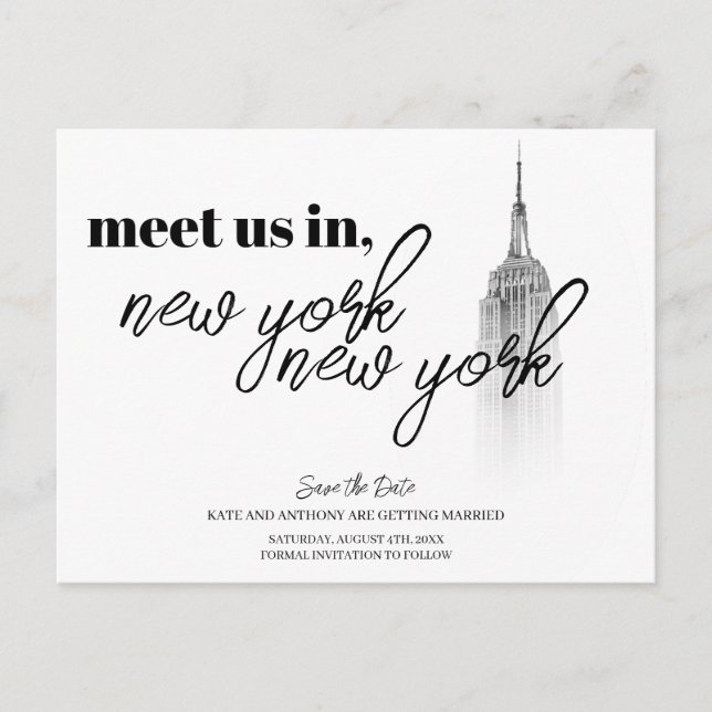 NEW YORK SKYLINE BLACK AND WHITE SAVE THE DATE POSTCARD (Front)