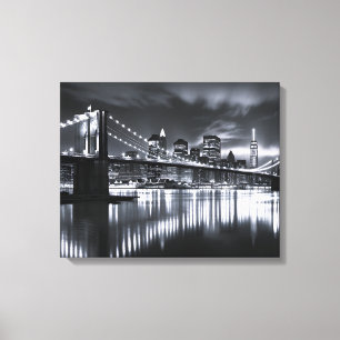 New York Skyline Brooklyn Bridge Monochrome Night Canvas Print