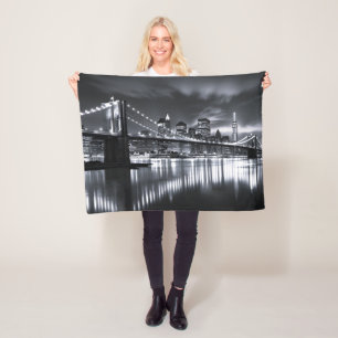 New York Skyline Brooklyn Bridge Monochrome Night Fleece Blanket