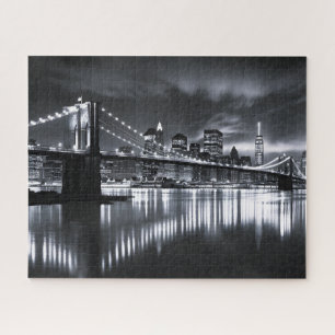 New York Skyline Brooklyn Bridge Monochrome Night Jigsaw Puzzle