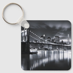 New York Skyline Brooklyn Bridge Monochrome Night Key Ring