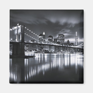 New York Skyline Brooklyn Bridge Monochrome Night Magnet