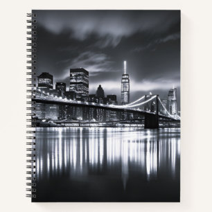 New York Skyline Brooklyn Bridge Monochrome Night Notebook