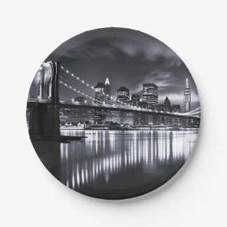 New York Skyline Brooklyn Bridge Monochrome Night Paper Plate