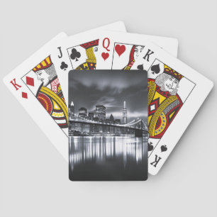 New York Skyline Brooklyn Bridge Monochrome Night Playing Cards