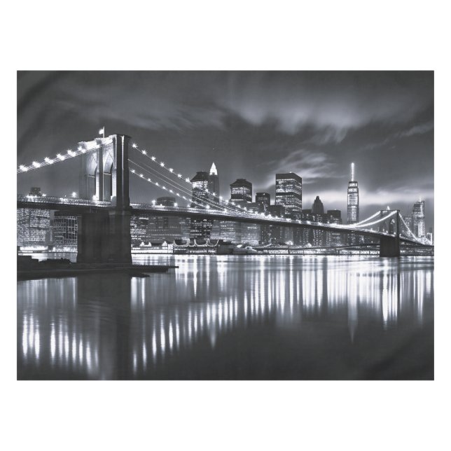 New York Skyline Brooklyn Bridge Monochrome Night Tablecloth (Front (Horizontal))