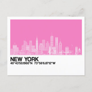 New York Skyline + Coordinates in Pink Postcard