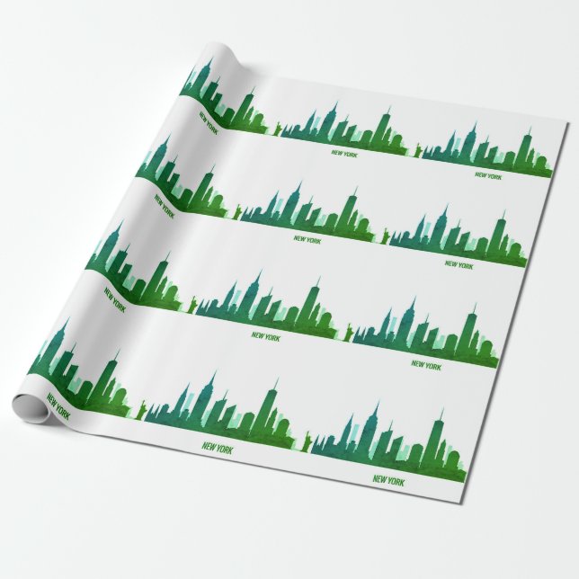 New York Skyline Green Big Apple Modern City  Wrapping Paper (Unrolled)