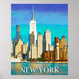 New York Skyline in Cobalt Blue and Tan Poster